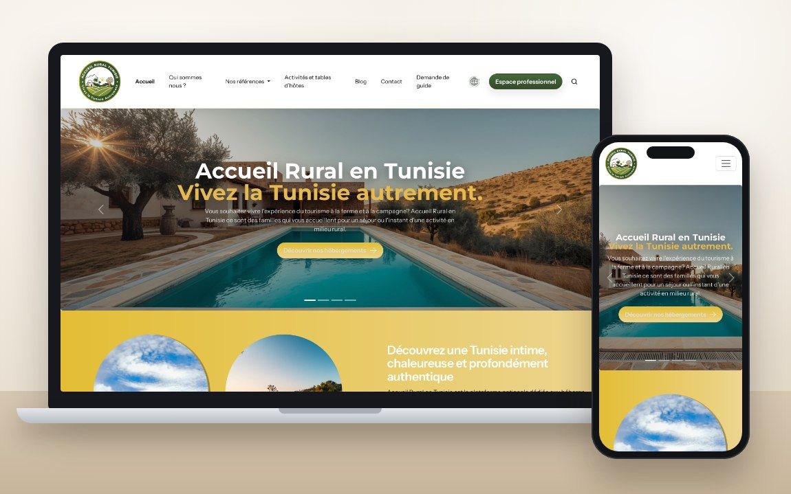 Plateforme Accueil Rural Tunisie, sur ordinateur et sur mobile