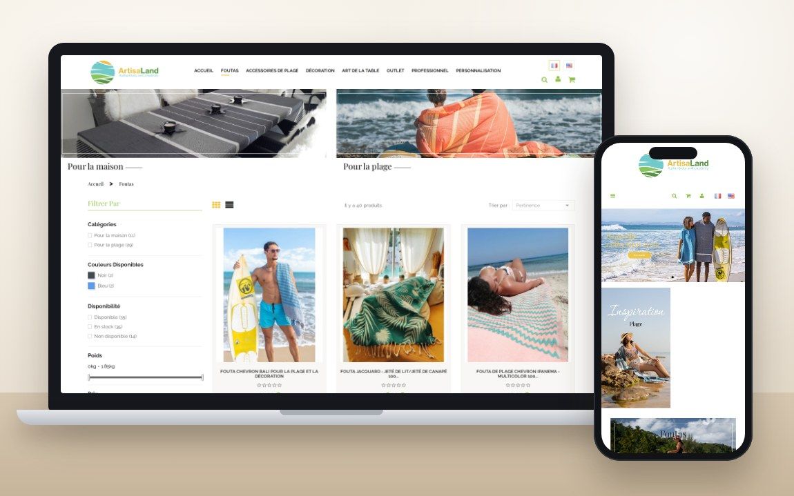 Boutique Artisaland, sur ordinateur et sur mobile