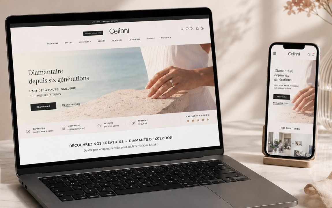 Page d’accueil du site Celinni, sur ordinateur et sur mobile