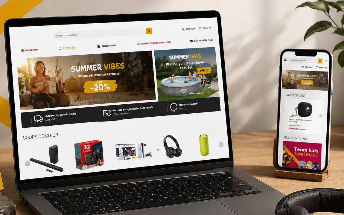 Page d’accueil du site FNAC Tunisie, sur ordinateur et sur mobile