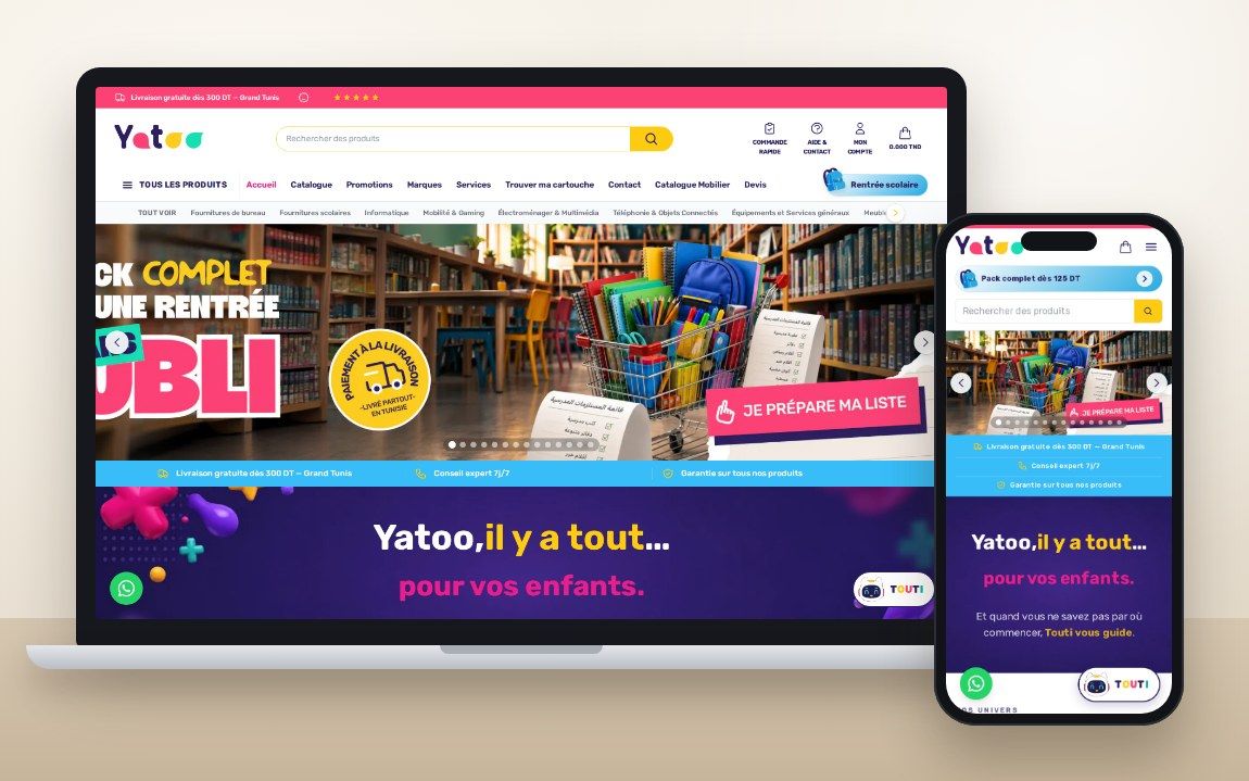 Boutique en ligne Yatoo, sur ordinateur et sur mobile